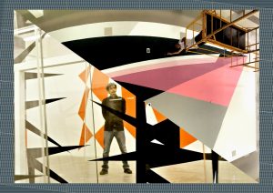 Two Images depicting Jaime Gili at work and in a studio setting (cut diagonally)