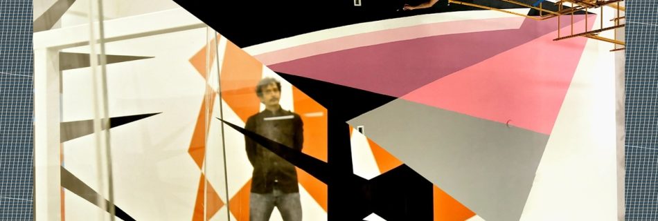 Two Images depicting Jaime Gili at work and in a studio setting (cut diagonally)