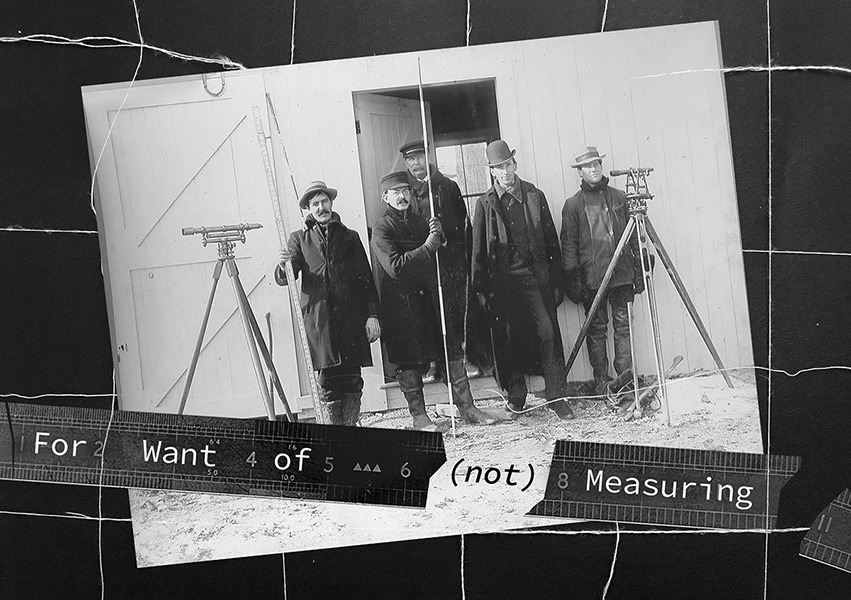 Identifier for exhibition - shows archive photograph of 19th century surveyors